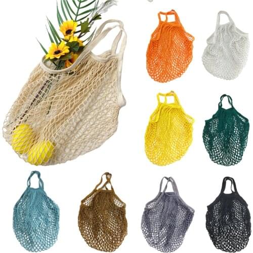 Kitchen Portable Reusable Cotton Net Fruit Vegetable Bag Washable Mesh String Organic Organizer Short Handle Net Shopping Bags