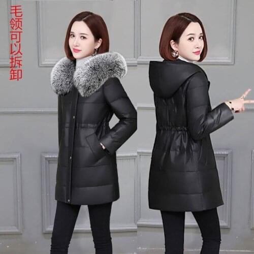 Hooded Leather Fur Jacket Womens Mid-Length Winter New PU Leather Down Cotton Coat Plus Size Slim Parkas Mujer Abrigos M308