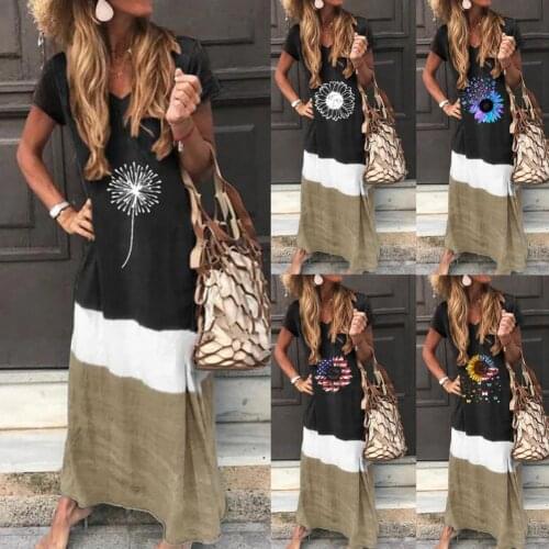 Summer Short Sleeve Maxi Dress Contrast Color Women Flower Print V Neck Summer Dress Streetwear Plus Size Loose Dress Vestidos