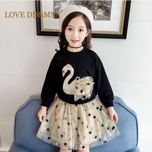 LOVE DD&MM Girl Dresses 2021 Autumn Girls Clothing Sweet Swan Sequin Tops + Mesh Star Skirts Girl Clothes