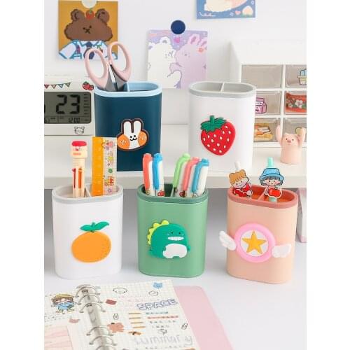 Cartoon Plastic Desktop Pencil Pen Holder Kawaii Office Desk Organizer Makeup Sundries Storage Box Stationery School Supplies