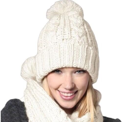 New Fashion Hat Hats for Women Beanies Knitted Scarf and Hat Set Cuffed White Winter Cap Bonnet Femme Neck Warmer Beanie Hat