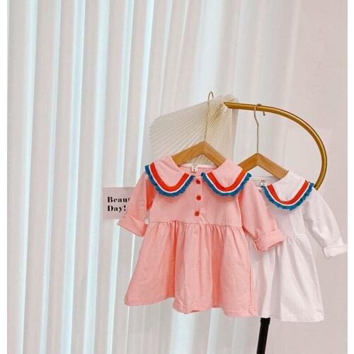 Autumn Preppy Style ChildrenS Long Sleeve Ruffles Lapel Collar Pleated Girls Kids Cotton Dress Vestidos