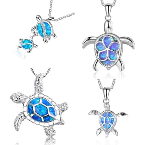 Fashion Blue Opal Sea Turtle Pendant Necklaces for Women Female Animal Wedding Statement Chain Necklace Ocean Beach Jewelry Gift