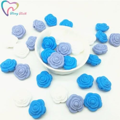 Teeny Teeth 9 PCS Boys Blue Silicone Rose Flower Pendants Chewelry DIY Teething Loose Beads Mini 3D Flower Shape Chewable Beads