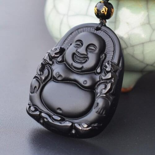 Drop Shipping Natural Obsidian necklace Pendant Fine black smile Maitreya Buddha pendant For Woman men Vintage Free Chain