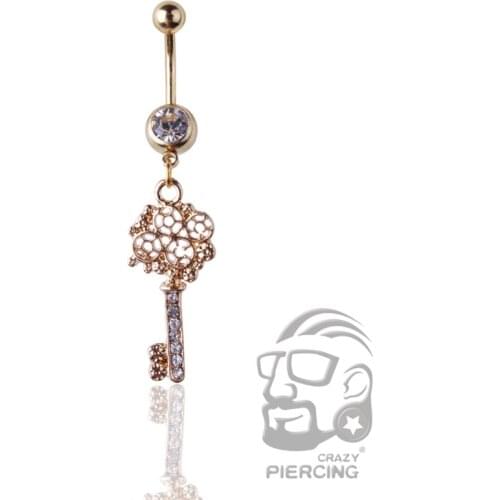 Sexy Women Navel Belly Button Ring Barbell Rhinestone Golden Key Shape Piercing Body Jewelry Navel Piercing Rings