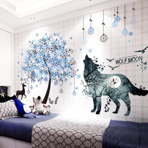 [SHIJUEHEZI] Horrific Wolf Birds Wall Stickers DIY Deer Tree Wall Art for Kids Bedroom Living Room Home Decoration Accessories