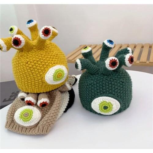 Autumn Winter Knitted Beanie Hat Women Sweet Cute Big Eyes Monster Skullies Caps 5 Colors Street Windproof Warm Hats 53-58cm