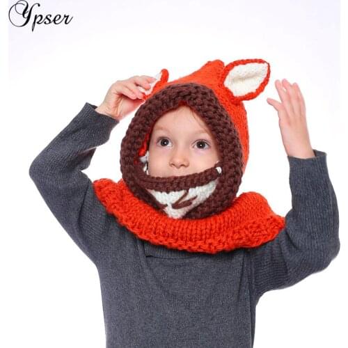 Ypser Child Animal Fox Hat with Scarf Buttons Kids Unicorn Scarf Cap 2 in 1 Children Warm Knitted Beanie Bonnet Cap