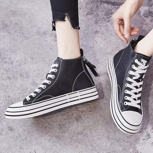 Real Women Leather Sneakers High Top Sneakers Women Shoes Casual Comfortable Shoes Women Black White Shoes Fashion Woman Flats