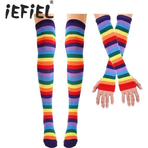 Women Colorful Rainbow Striped Knee Thigh High Socks/Arm Warmer Gloves Halloween Costume Cosplay Performance Show Holiday Gift