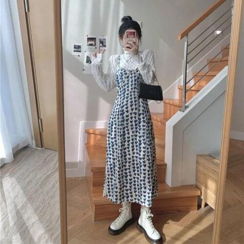 Woman Two Piece Sets Sweet Korean Split Floral Dress+Turtleneck Lace Shirts New Hollow Out Dress Suit