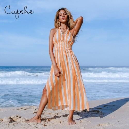 CUPSHE Orange Stripe Halter Maxi Dress For Woman Sexy V-neck Backless Split Beach Dress 2021 New Summer Casual Sundress Vestidos