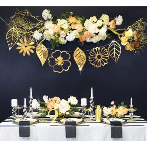 Golden Silver Openwork Flowers Leaves Banner Birthday Pull Flag Wedding Party Pennant String Decoration