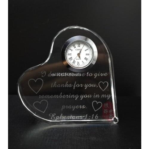50 pcs crystal heart clock excellent cutting shinning crystal with customized engraving as wedding gifts giveaways for guest