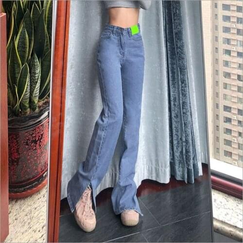 High Waist Chic Fitting Jeans Color Block Split Hem Straight Denim Pants Women Ladies Wild Trendy Trousers for Daily Wear