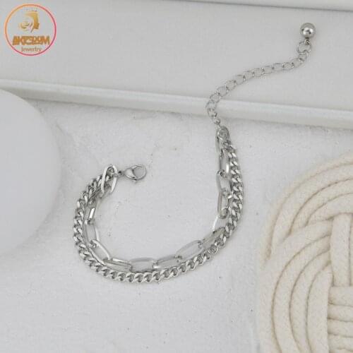 Akizoom Double Layer Curb Cuban Link Chain Bracelets for Women Stainless Steel Color Charm Unisex Birthday Party Jewelry Gift