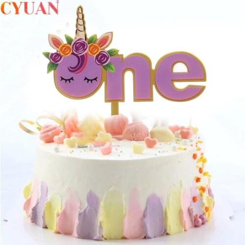 Unicorn One Birthday Cake Topper Acrylic Happy Birthday Cupcake Topper Baby Shower Kids Girls Boys Birthday Decoration Supplies