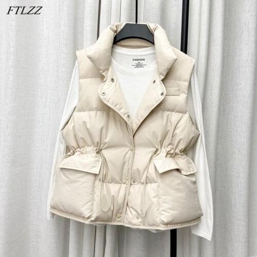 FTLZZ Winter Single Breasted Light Down Short Vest Jacket Women White Duck Down Coat Waist Retractable Pocket Sleeveless Outwear