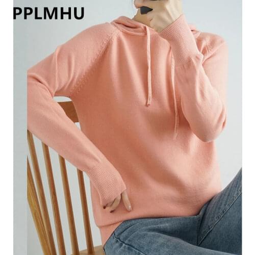 Classical Solid Knitted Hooded Sweatshirts For Women Long Sleeve Sports Knitwear Casual Loose Jumper Large Size Sweater