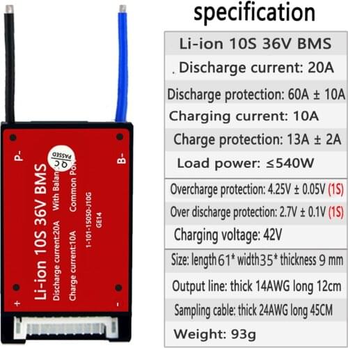 LiitoKala Battery pack bms 10S 36V 20A BMS Used for 36v battery 20A continuous With balance function