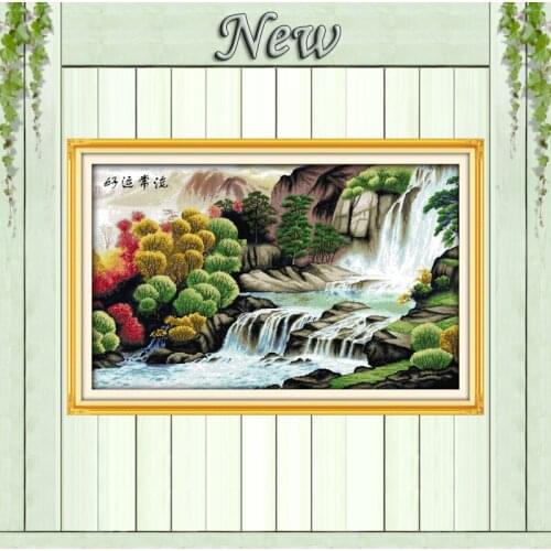 Mountain waterfall flower mascot painting Counted print on fabric DMC 14CT 11CT DIY Embroidery Sets Cross Stitch Needlework kits