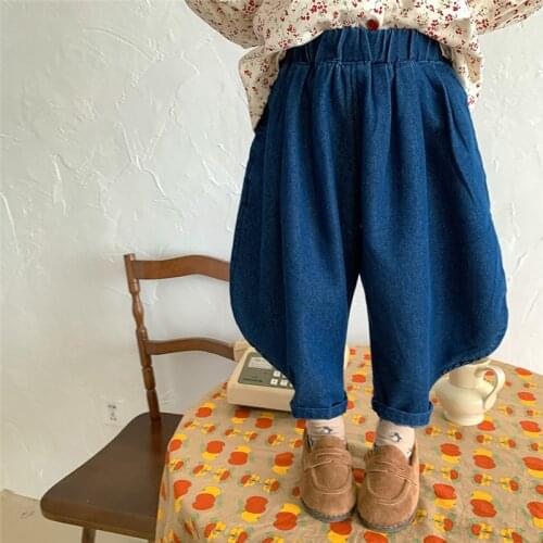 Autumn Girls fashion wide leg denim pants 2021 kids loose casual special design jeans