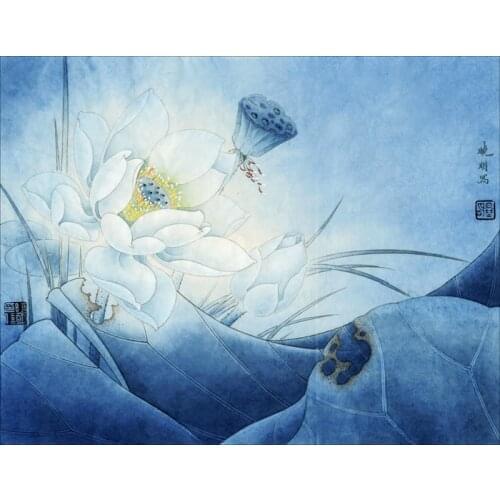 Chinese classical white lotus moonlight scenery oil painting canvas printings printed on canvas home wall art decoration picture