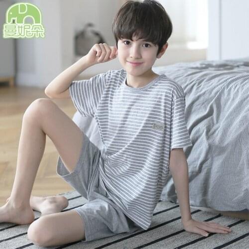 Boys Pajamas Summer Short Sleeve Teenage Plaid Pyjamas Cute Toddler Boys Girls Pajama Kids Sleepwear Children Clothes 16 Years