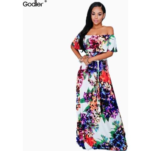 Godier Slash Neck Print Party Dress Off The Shoulder Backless Loose Maxi Dress Retro Floor Length Evening Party Dresses