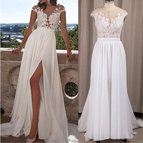 See Through Appliqued Wedding Dress A Line Chiffon High Split Sexy Summer Boho Beach Cap Sleeve Buttons Bridal Gown #4177