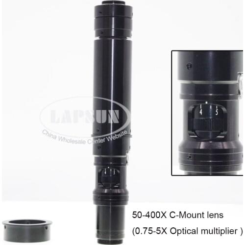 Adjustable High Quality 50X - 100X - 200X - 400X Zoom 25mm C-mount Glass Lens Adapter for Industry Microscope Camera Magnifier
