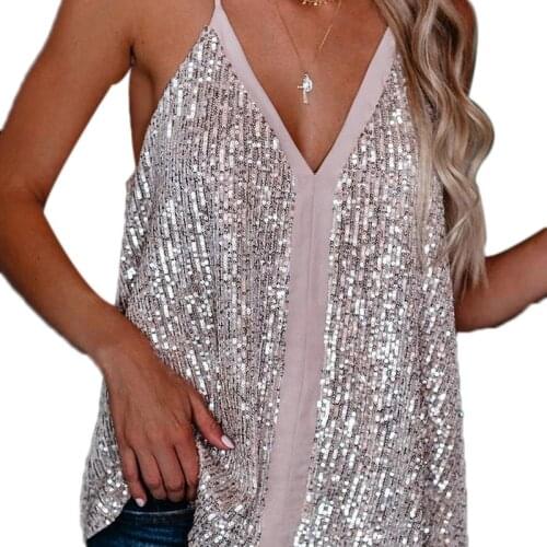 Sexy Women Summer Casual Tank Vest Lady Sequin Sling Tops Vest Sleeveless Strap Bling Glitter Top Camisoles V-neck Clubwear Tank