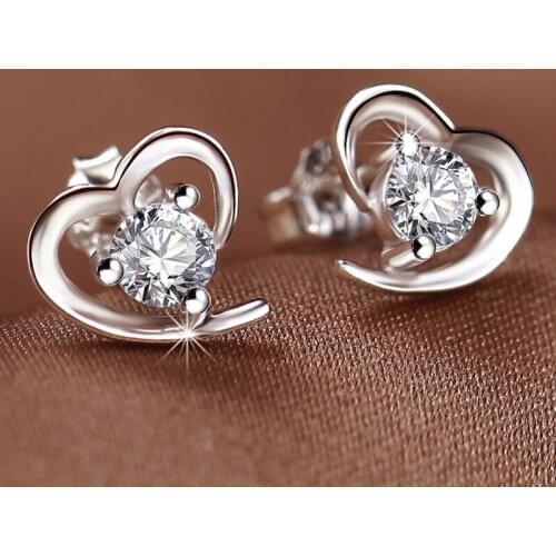 925 Sterling Silver Zircon Heart Piercing Stud Earrings For Women Weddin Jewelry Gift Pendientes eh843