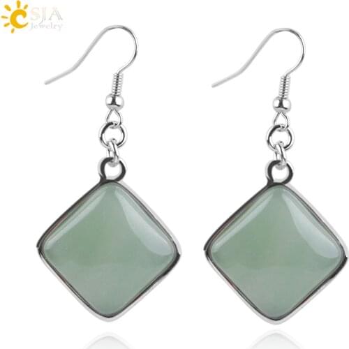 CSJA Geometry Natural Stone Pendant Dangle Earrings Girls Women Jewelry Square Gem White Blue Howlite Pink Quartz Crystal E163