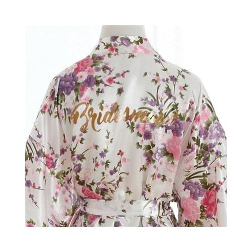 Silk Satin Wedding Bridesmaid Robe Floral Bathrobe Short Kimono Robe Night Robe Sleepwear Make-up Robe Dressing Gown For Women