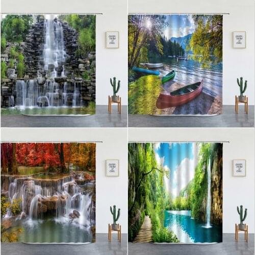 Natural Forest Landscape Shower Curtains Set Waterfall Green Bamboo Tropical Plants Scenery For Bathroom Decor Screen With Hooks