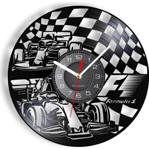 Sports Car Wall Clock Made Of Real Vinyl Record Auto Racing Checkerboard Designed Gramophone Record Wall Watch Gifts For Racers