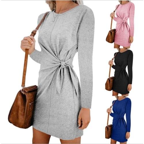 Stylish commuter elegant solid color belt-knotted long sleeve dress