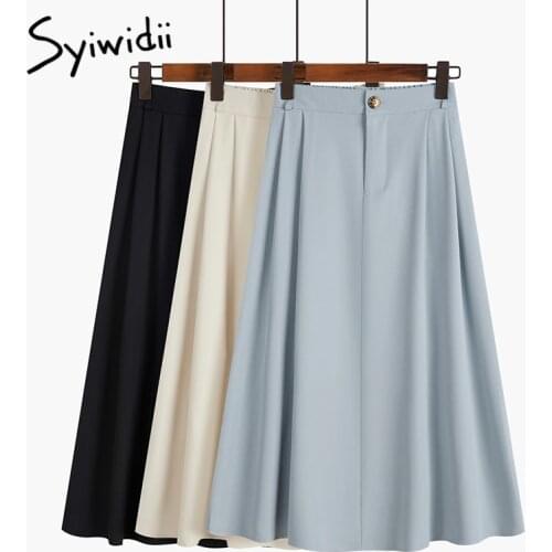 Syiwidii Long Skirts for Women Back Elastic High Waist 2021 Summer Fall Fashion New Button Up Light Blue Black A Line Midi Skirt