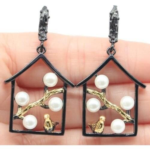 47x25mm Unique HipHop Gothic Jewelry Songbird White Pearl Cool Black Metal Silver Earrings Pendant Street Jewelry HipHop