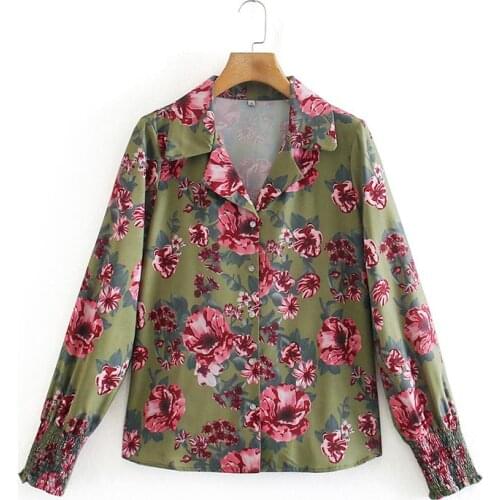 Spring and autumn new womens long-sleeved lapel top floral print blouse button baggy shirt