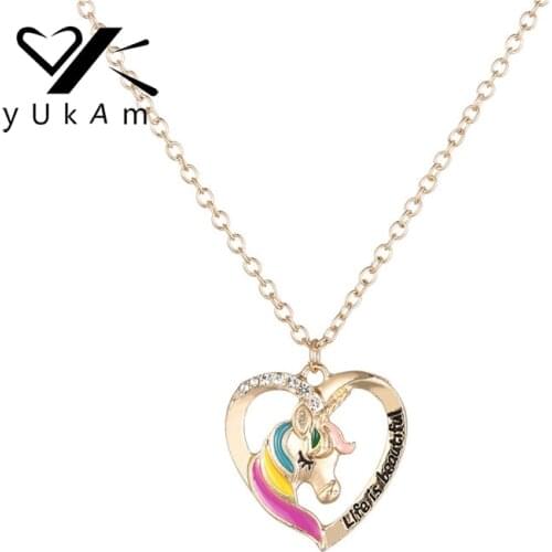 YUKAM Jewelry Silver Color Gold Cute Unicorn Hollow Love Heart Cartoon Necklaces for Girls Children Rhinestone Pendant Necklaces