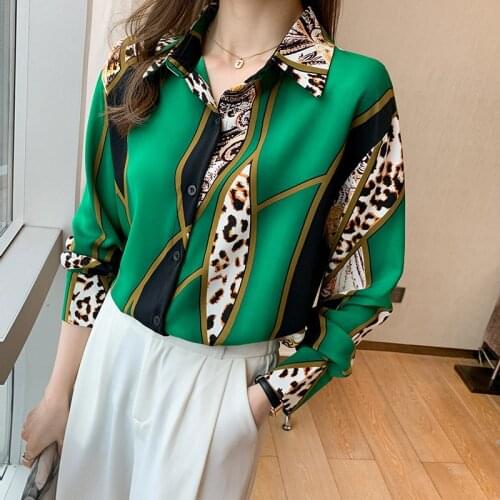 High-quality Color Contrast Leopard Shirt Womens 2021 Spring/ Autumn New All-match Printed Chiffon Long-sleeved Personality Top