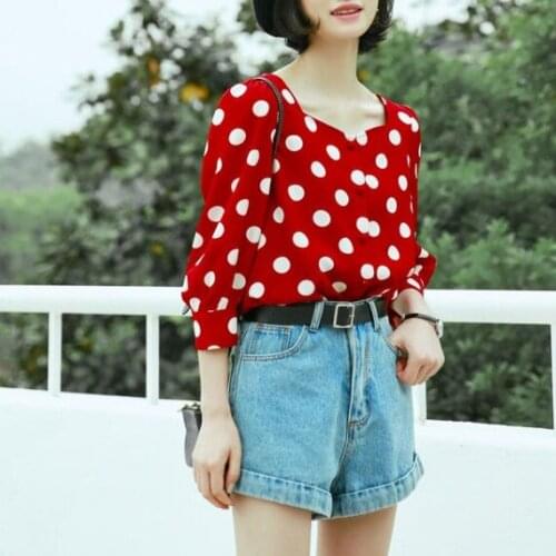French romantic Polka Dot Shirt female pearl apricot loose chiffon shirt square collar single breasted cardigan top retro style