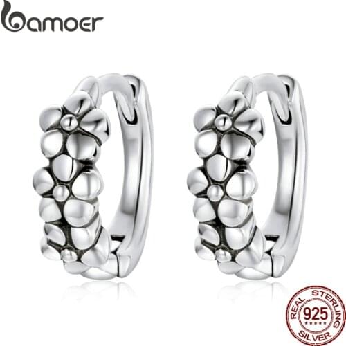 Bamoer 925 Sterling Silver Vintage Simple Flowers Hoop Earrings Buckle for Women Engagement Statement Fashion Jewelry SCE1154