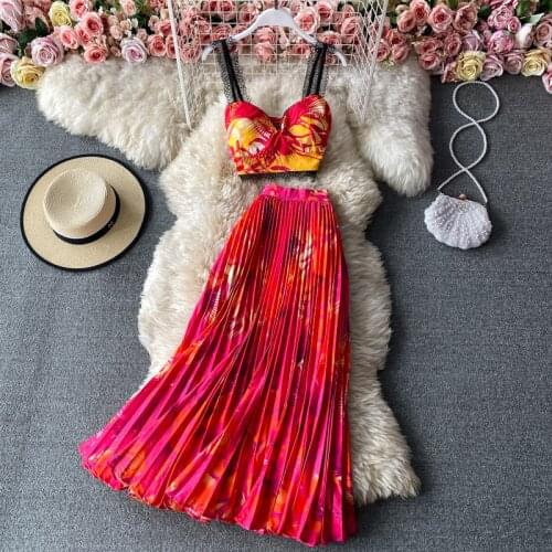 2021 Summer Women Two Piece Set Boho Floral Print Lace Spliced V-neck Sleeveless Crop Top + High Waist Midi Pleated Skirt Suits