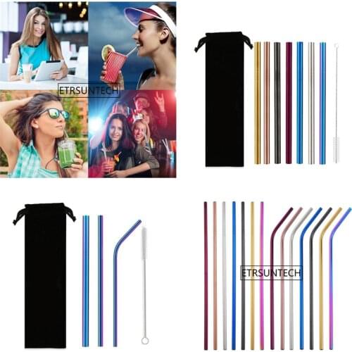 100Set/Lot Metal Drinking Straw 304 Stainless Steel Straw Food Grade Drinking Straws Set With Brush & Bag Factory Wholesale