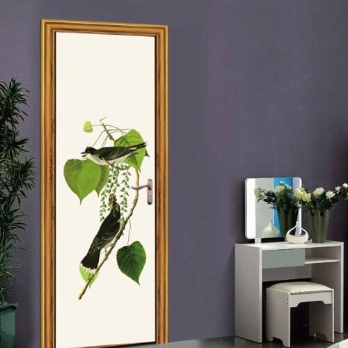 2pcs/set Green Leaf birds Landscape Poster Door Sticker Painting Wallpaper Wall Sticker Party Bedroom Home Decor Gifts